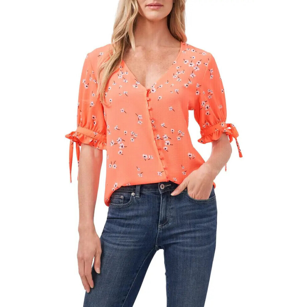 CeCe Cascading Floret Ruffle Sleeve Crepe Blouse In Hot Lava Neon Color Size XS